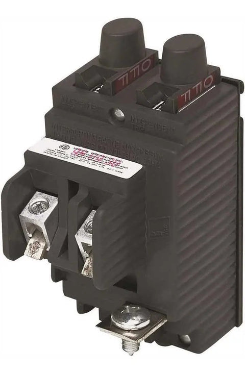 Pushmatic Replacement 20 Amp Tandem Single Pole Circuit Breaker For CTL Panels, 10,000 AIC, UL Listed ETL, gray unit angled