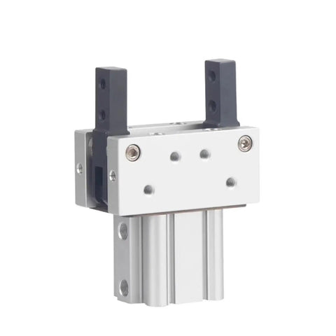 Heavy Duty Open And Close Air Claw Cylinder For Factory Automation MHT2 Series Pneumatic Actuator with black grips and silver body.