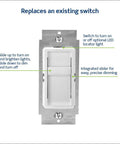 SureSlide Dimmer Switch For Dimmable LED Halogen And Incandescent Bulbs Model 6672-1LW showing integrated slider and instructions