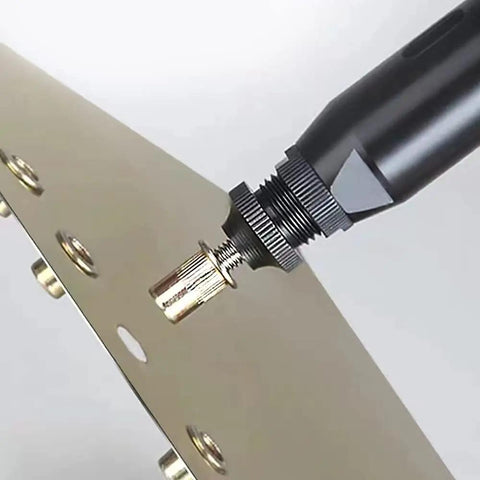 M12 Carbon Steel Rivet Nuts Flat Head Threaded Inserts Heavy Duty Assort Kit being installed into metal plate with tool.
