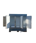 Straight Up Solid Workhorse Three Door Commercial Reach In Freezer, 72 Cubic Foot Stainless Steel Build, open doors showing interior shelves.