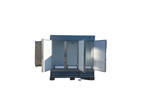 Straight Up Solid Workhorse Three Door Commercial Reach In Freezer, 72 Cubic Foot Stainless Steel Build, open doors showing interior shelves.