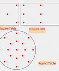 Diagram showing placement of Clear Glass Table Top Anti Slip Bumper Pads 3mm Thick Non Adhesive Rubber Spacers Dots on square, rectangle, and round tables.