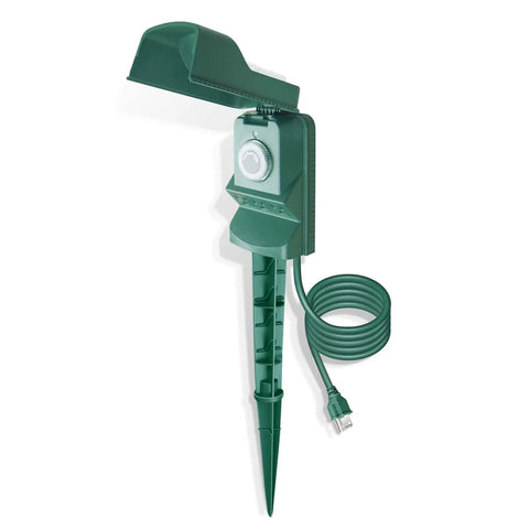 Straight Up Hassle Free Outdoor Power Stake With Photocell Timer And Dusk To Dawn Sensor For Three Grounded Outlets Six Foot Cord Waterproof Garden Plug Adapter with three outlets and timer knob.