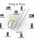 2-Pack Type K Thermocouple Probe with Flexible Sensor for High Temperature Measurements shown with various compatible devices.