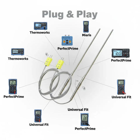 2-Pack Type K Thermocouple Probe with Flexible Sensor for High Temperature Measurements shown with various compatible devices.