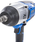 Close-up of the Heavy Duty Half Inch Cordless Impact Wrench Boasting Badass Brushless Motor With 650 Foot Pounds Torque and bright work light.