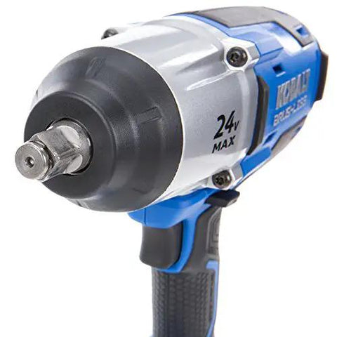 Close-up of the Heavy Duty Half Inch Cordless Impact Wrench Boasting Badass Brushless Motor With 650 Foot Pounds Torque and bright work light.