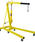 2 Ton Folding Engine Hoist Heavy Duty Steel Frame With Six Smooth Roll Caster Wheels Adjustable Boom Positioning for easy lifts.