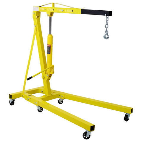 Beefy 2 Ton Folding Engine Hoist With Heavy Duty Steel Frame And 4000 Lbs Lift Capacity featuring yellow frame and smooth swivel casters.