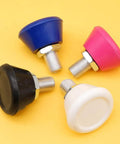 Colorful roller skate toe stops set with 82A PU rubber, featuring blue, pink, black, and white plugs for all surfaces.