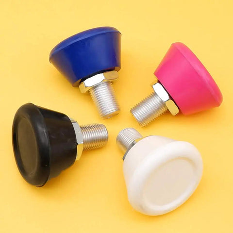 Colorful roller skate toe stops set with 82A PU rubber, featuring blue, pink, black, and white plugs for all surfaces.