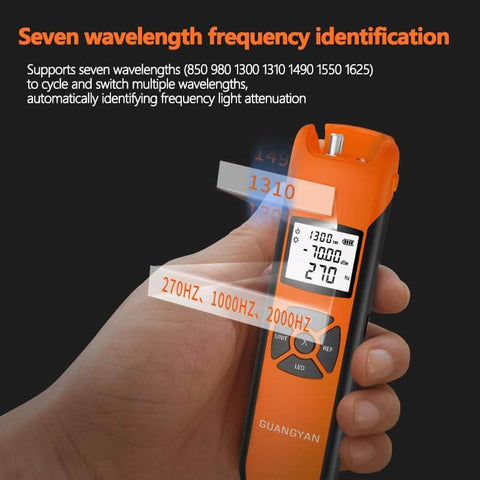 Fiber Optic Power Meter For Testing With Seven Wavelengths Minus 70 To Plus 10 dBm Range handheld view showing display
