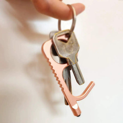 No Touch Door Opener Tool With Stylus And Button Pusher in rose finish on keyring, multifunctional no contact entry helper.