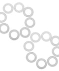 Ultra Thin Stainless Steel Spindle Washers Kit - 100 Piece Door Knob Spacers, Flat Metal Shims For Home, Office, And Industrial Furniture Maintenance, DIY Friendly Fit, Durable Hardware Upgrade. Silver stainless steel washer set shown flat