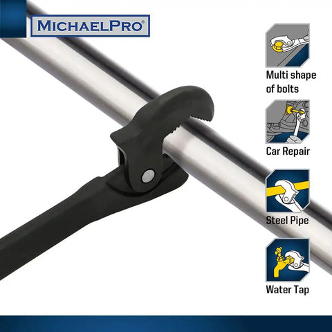 Dual Action Auto Size Adjusting Wrench With Self Adjusting Quick Jaw gripping steel pipe, shows use for car repair and bolt adjustment