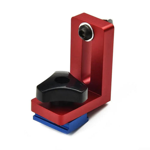Red aluminum Miter Track Stop Block for 30 and 45 T tracks in heavy-duty precision guide.