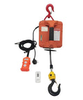 Remotely Controlled Portable Electric Winch Engine Hoist. Heavy-duty orange hoist with remote, 500 kg capacity, for easy lifting.