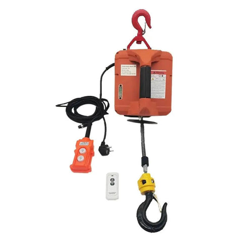 Remotely Controlled Portable Electric Winch Engine Hoist. Heavy-duty orange hoist with remote, 500 kg capacity, for easy lifting.