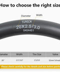 Diagram showing how to choose size for Two Pack Beefy 20x3 E-Bike Inner Tubes For Fat Tires 64/76-406 AV32mm Schrader Valve