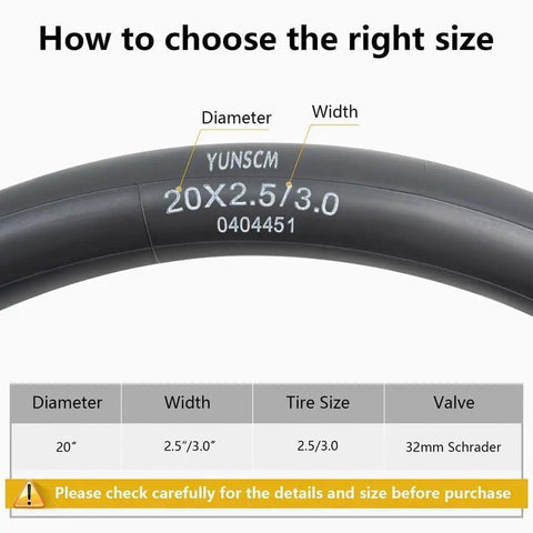 Diagram showing how to choose size for Two Pack Beefy 20x3 E-Bike Inner Tubes For Fat Tires 64/76-406 AV32mm Schrader Valve