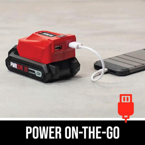 Cordless Reciprocating Saw Kit With Brushless 20V PWR CORE 20 Battery charging phone with PWRAssist USB Adapter