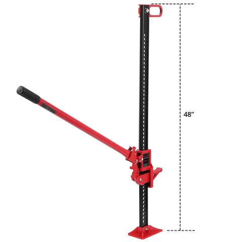 48 Inch Heavy Duty Farm Jack With 7000 Lb Lifting Capacity in red steel, ratcheting off road utility design with long handle