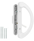 Rock Solid Sliding Glass Door Handle Replacement Set Featuring Reversible Mortise Design And Smooth Nonkeyed Operation In Crisp White Diecast Finish with screws.