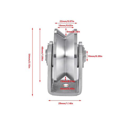 Stainless Steel Heavy Duty Wire Rope Pulley Block for Sliding Gates With V Groove Wheel, Double Bearing Plate Caster, dimensions shown