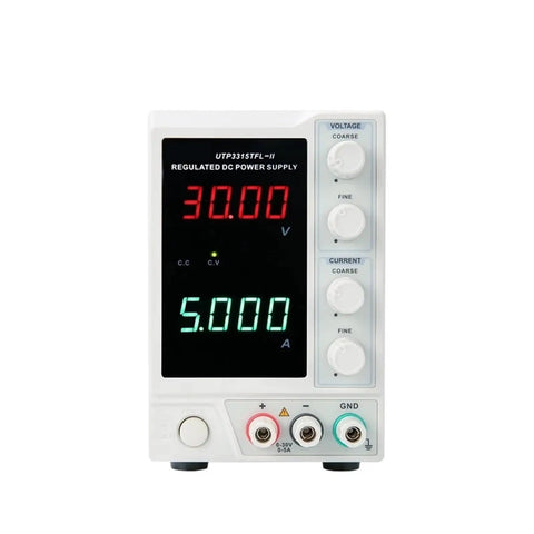 Rock Solid Linear DC Power Supply With Low Ripple For Clean Pure DC Output To Electrical Gear Includes Overvoltage Overcurrent Short Circuit And Overheat Protection Ventilated Case With Heat Dissipation Holes For Reliable Load Power. white regulated DC power supply, 30V 5A front view