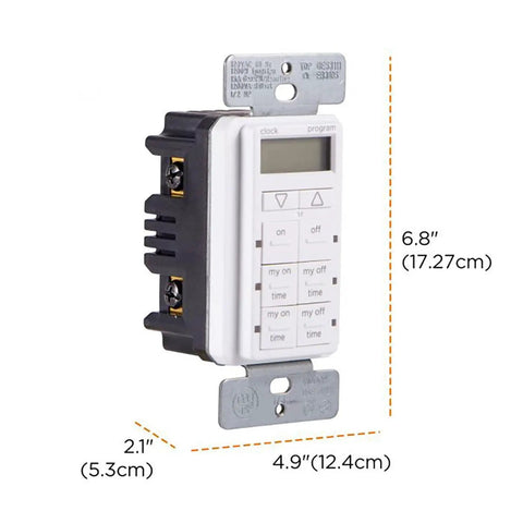 Side view of In Wall Digital Timer with four programmable on off buttons and two easy override controls for indoor and outdoor use.