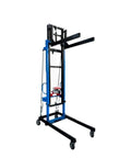 Heavy Duty Portable Duct Lift Platform With Casters For Moving Bricks And Materials Up To 6 Meters On Construction Sites And Renovation Projects, tall blue steel lift with wheels.