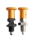 Two Built Tough Gold Knob Indexing Plunger Spring Pins with External Threads, showing different materials for precise vise alignment.