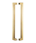 Beefy Heavy Duty Commercial Grade 18 Inch Satin Gold Push Pull Door Handle In Solid Stainless Steel 304 1.2mm Thick 30x30mm Square Cross Section Chamfered Edges 450mm Grip 420mm Bolt Spacing Durable Modern Finish, pair front view