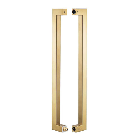 Beefy Heavy Duty Commercial Grade 18 Inch Satin Gold Push Pull Door Handle In Solid Stainless Steel 304 1.2mm Thick 30x30mm Square Cross Section Chamfered Edges 450mm Grip 420mm Bolt Spacing Durable Modern Finish, pair front view
