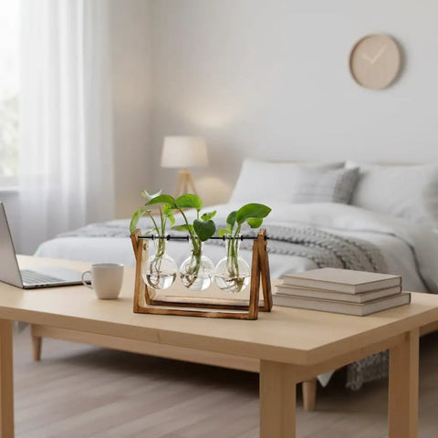 Terrarium Plant Display With Wooden Stand And Glass Bulb Vases on a table in a modern bedroom setting, 3 Bulb Vase