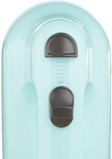 Close-up of Heavy Duty 5 Speed Hand Mixer In Ice Blue Certified Renewed controls, featuring speed settings and off button.