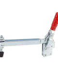 Adjustable Stainless Steel Toggle Clamp With Lengthened Lever Arm And Customizable Opening For Heavy Duty Workshop Jobs; red handle