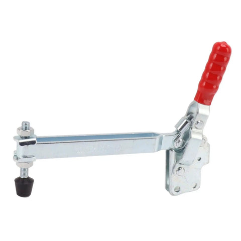 Adjustable Stainless Steel Toggle Clamp With Lengthened Lever Arm And Customizable Opening For Heavy Duty Workshop Jobs; red handle