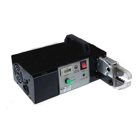 Heavy Duty Electric Terminal Crimping Machine With Nine Interchangeable Steel Dies Delivers Zero Sweat Cold Crimping Operations For Knockout Speed Wire Termination, side view showing controls and die attached.