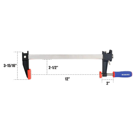 Two Piece 12 Inch Steel Bar Clamps With Reinforced Heavy Duty Bodies And Six Hundred Pound Jaw Capacity Built Like A Badass Workhorse For Woodworking Carpentry And Pro Diy Crews Needing Zero Slippage Grip, showing 12-inch steel clamp dimensions.