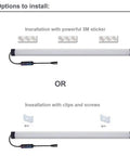 Under Cabinet LED Light Bar Dimmable RGB With RF Remote Control Multicolor, two installation options with 3M sticker or screws shown.