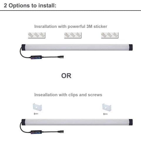 Under Cabinet LED Light Bar Dimmable RGB With RF Remote Control Multicolor, two installation options with 3M sticker or screws shown.