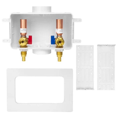Heavy Duty Washing Machine Outlet Box With Center Drain Copper Water Hammer Arrestor One Half Inch Crimp Pex Inlet
