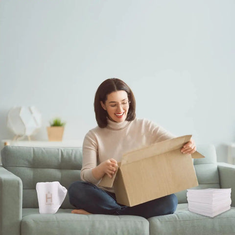 Woman on sofa opening box next to 50 Pack 16x16 Cushion Foam Pouches With Anti Static Film for moving and packing valuables