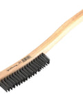 Wire Scratch Brush With Curved Wood Handle For Metalworking Deburring And Rust Prep with carbon steel bristles.