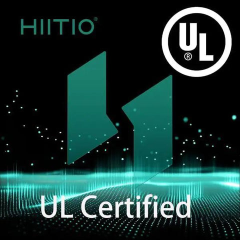 UL certification logo with green digital background, featuring branding elements from HIITIO.