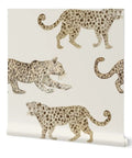 Heavy Duty Leopard Print Wallpaper With A Classic Matte Linen Texture Designed For Busy Kitchens And Bathrooms Because This Stuff Really Hits Different And Holds Up Forever, showing leopards on beige background.