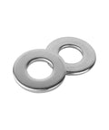 Two stainless steel flat washers, 5/16 in ID and 11/16 in OD, close-up view.