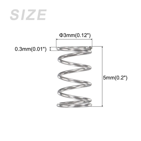 Front view of METALLIXITY compression spring, 0.3x3mm OD, 5mm free length, 304 stainless steel, silver